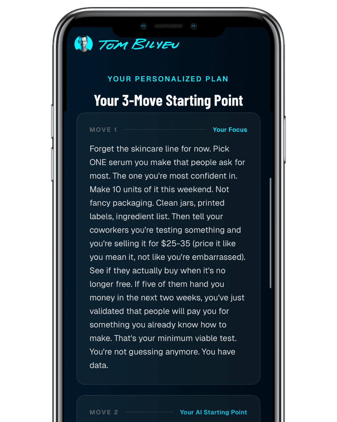 Mockup of a personalized 3-move business plan on a mobile phone screen.